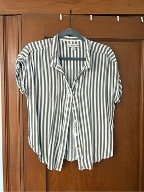 Olive & White Vertical Stripe Button-Up Shirt